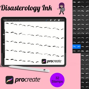 Könnte beinhalten: Eine digitale Illustration von 32 verschiedenen Augenbrauenformen zur Verwendung als Procreate-Stempel. Das Bild zeigt einen digitalen Tablet-Bildschirm, auf dem die Stempel angezeigt werden, mit dem Procreate-Logo unten rechts. Der Text "Disasterology Ink" wird oben im Bild angezeigt.