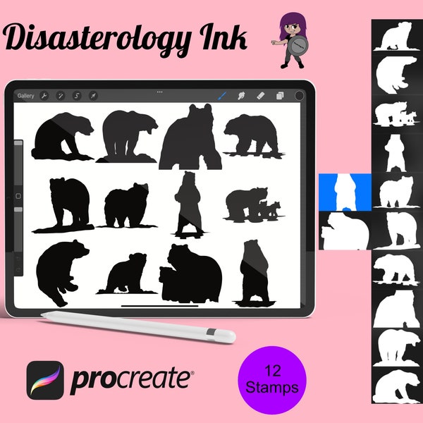 Bear Silhouette Procreate Brush Stamps, 12 silhouettes d'ours