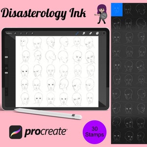 Könnte beinhalten: Eine digitale Illustration von 30 Gesichtskonturen-Stempeln für Procreate. Die Stempel sind in einem Raster auf einem schwarzen Hintergrund angeordnet. Das Bild wird auf einem Tablet-Bildschirm mit einem Stift daneben angezeigt.