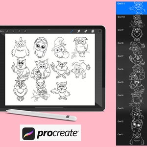 Conjunto de búhos de dibujos animados 1 sellos de pincel procreado, 11 búhos lindos