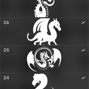 Puede incluir: Una imagen en blanco y negro de una serie de siluetas de dragones, numeradas del 21 al 30. Cada drag&oacute;n tiene un dise&ntilde;o diferente, algunos mirando hacia la izquierda y otros hacia la derecha.