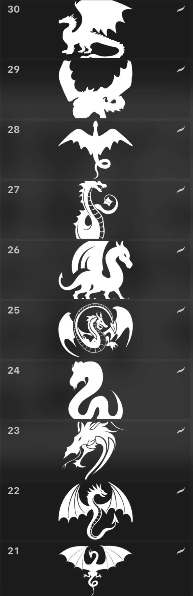 Puede incluir: Una imagen en blanco y negro de una serie de siluetas de dragones, numeradas del 21 al 30. Cada drag&oacute;n tiene un dise&ntilde;o diferente, algunos mirando hacia la izquierda y otros hacia la derecha.