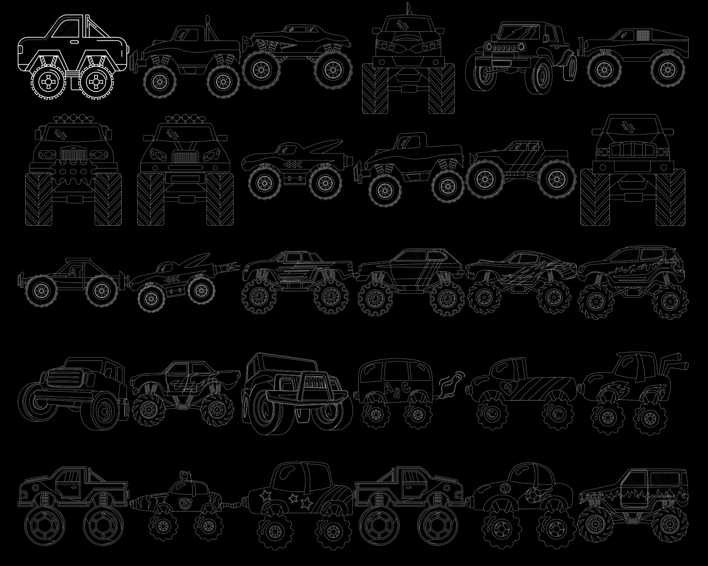 Monster Trucks Outlines & Silhouettes Set 1 Procreate Brush Stamps,