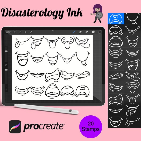 Cartoon Mouths Procreate Brush Stamps Set 1, 20 Cute Cheeky Cartoon Grins and Smiles