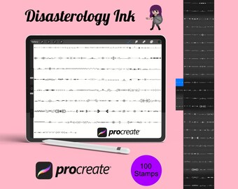 May include: A digital art product displayed on a tablet, featuring various black and white line art stamps. The tablet is accompanied by a stylus and the Procreate logo. The text "Disasterology Ink" is at the top, with a purple circle indicating "100 Stamps."