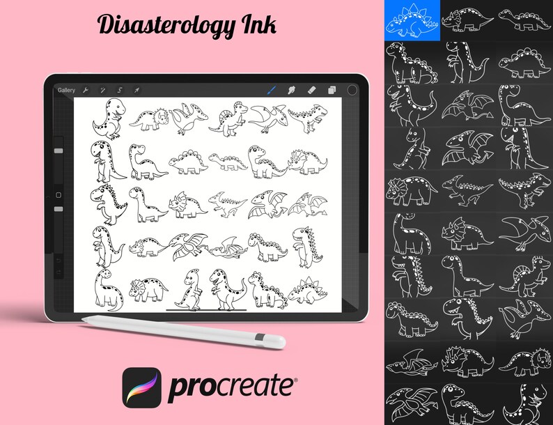 Cartoon Dinosaurs Outlines Set 1 Procreate Brush Stamps, 30 Dinosaur ...