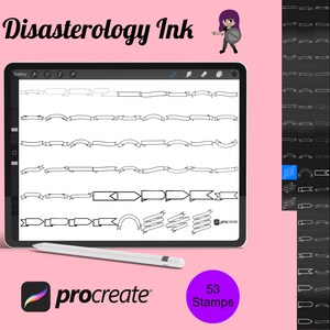 May include: A digital illustration of 53 black and white banner stamps for the Procreate app. The stamps are displayed on a digital tablet screen. The text "Disasterology Ink" is displayed at the top of the image.