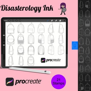 May include: A digital illustration on a tablet featuring 21 backpack stamps. The tablet displays various backpack designs in black and white line art. The text "Disasterology Ink" and "Procreate" are also visible.