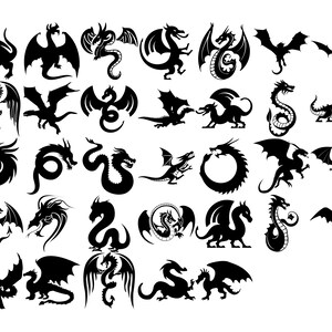 Puede incluir: Una colecci&oacute;n de 30 siluetas de dragones en blanco y negro en varias poses. Los dragones son estilizados y tienen diferentes formas de alas, colas y cabezas.