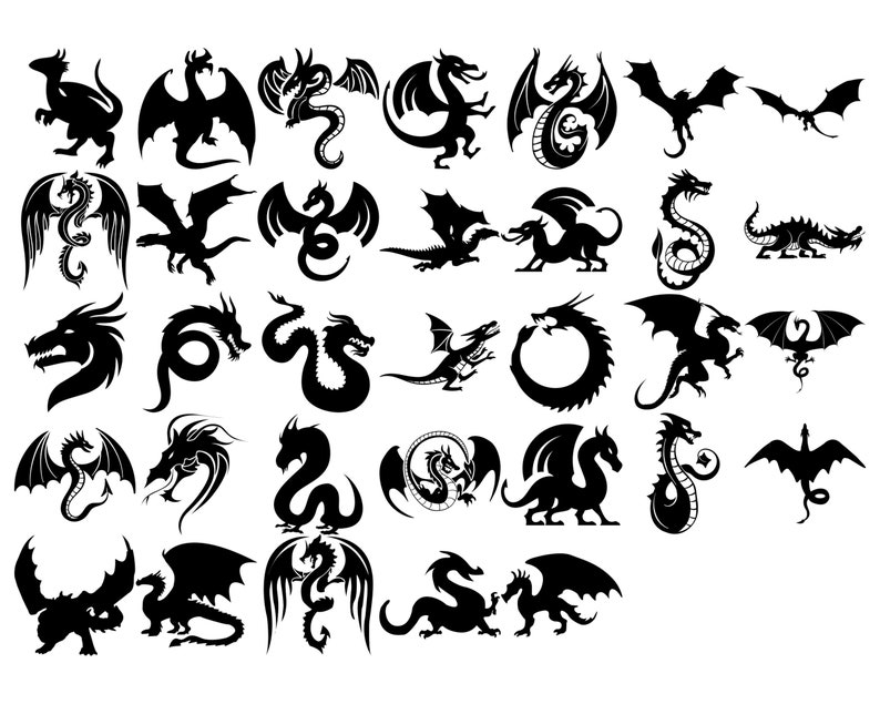 Puede incluir: Una colecci&oacute;n de 30 siluetas de dragones en blanco y negro en varias poses. Los dragones son estilizados y tienen diferentes formas de alas, colas y cabezas.