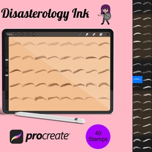Könnte beinhalten: Eine digitale Illustration von 40 Augenbrauen-Stempeln für die Procreate-App. Die Stempel werden auf einem Tablet-Bildschirm angezeigt und in verschiedenen Formen und Größen gezeigt. Der Text "Disasterology Ink" und "40 Stamps" ist ebenfalls auf dem Bild zu sehen.