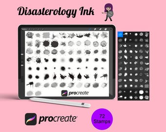 Op de afbeelding: Een digitale illustratie van 72 inktvlek-stempels voor Procreate. De stempels worden weergegeven op een tabletscherm en zijn in verschillende maten en vormen.