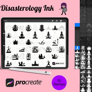 May include: A digital illustration of 52 yoga poses in black and white. The poses are displayed on a tablet screen with the text "Disasterology Ink" and "Procreate" on the screen. The image also includes a digital stylus and a purple cartoon character.