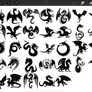 Puede incluir: Una colecci&oacute;n de 30 siluetas de dragones en blanco y negro en varias poses. Los dragones se representan con alas, colas y garras.