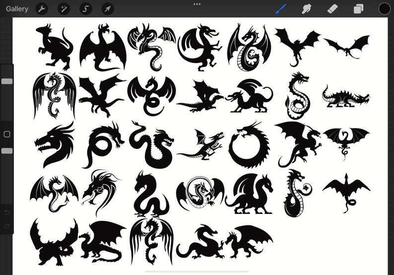 Puede incluir: Una colecci&oacute;n de 30 siluetas de dragones en blanco y negro en varias poses. Los dragones se representan con alas, colas y garras.