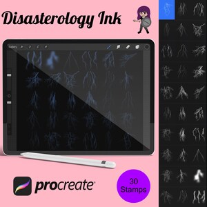 May include: A digital illustration of 30 Procreate stamps featuring various ink splatter effects. The stamps are displayed on a digital tablet screen. The text "Disasterology Ink" is displayed at the top of the image.