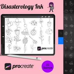 Pode incluir: Uma ilustração digital de 22 carimbos em preto e branco com várias bagas e flores. Os carimbos são exibidos na tela de um tablet digital com o texto "Disasterology Ink" e "Procreate" na tela. A imagem está sobre um fundo rosa.