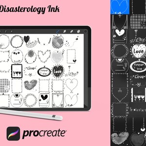 Könnte beinhalten: Eine digitale Illustration von 30 schwarzen und weißen Rahmen und Bordüren zum Thema Herz. Die Rahmen sind mit Herzen, Blumen und den Worten "Love", "Forever Love" und "Ove" verziert. Die Illustration wird auf einem Tablet-Bildschirm mit dem Procreate-Logo unten links angezeigt.