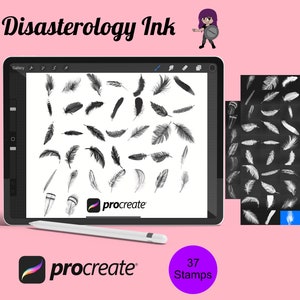 May include: A digital illustration of 37 feather stamps for Procreate. The image shows a tablet screen displaying the stamps, with the Procreate logo in the bottom right corner. The text "Disasterology Ink" is displayed at the top of the image.