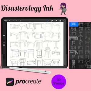 Desks, Tables & Furniture Set 1 Procreate Brush Stamps, 30 Furniture Stamps