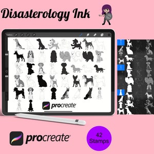 Cartoon Dogs, Outlines and Silhouettes Set 5 Procreate Brush Stamps, 42 Cartoon Dogs