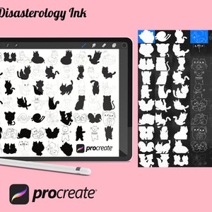 Cartoon Cats Outlines and Silhouettes Set 2 Procreate Brush Stamps, 60 Cartoon Cats