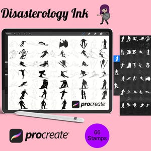 Op de afbeelding: Een digitale illustratie van 66 ski-stempels voor de Procreate-app. De stempels zijn zwarte silhouetten van skiërs in verschillende poses op een witte achtergrond. De afbeelding toont ook een tabletscherm met de Procreate-app geopend, waarop de stempels worden weergegeven. De tekst "Disasterology Ink" en "66 Stamps" is zichtbaar in de afbeelding.