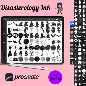 May include: A digital tablet screen displaying 70 black and white Halloween themed stamps for the Procreate app. The stamps include ghosts, pumpkins, bats, spiders, skulls, and more.