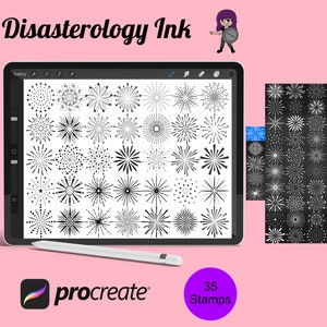 May include: A digital illustration of 35 black and white firework stamps for the Procreate app. The stamps are displayed on a tablet screen and a separate image shows them arranged in a grid.