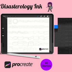 May include: A digital illustration of 46 stamps for the Procreate app. The stamps are black and white and feature a variety of shapes, including lines, curves, and geometric shapes. The text "Disasterology Ink" is displayed at the top of the image.