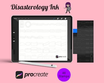 May include: A digital illustration of 46 stamps for the Procreate app. The stamps are black and white and feature a variety of shapes, including lines, curves, and geometric shapes. The text "Disasterology Ink" is displayed at the top of the image.