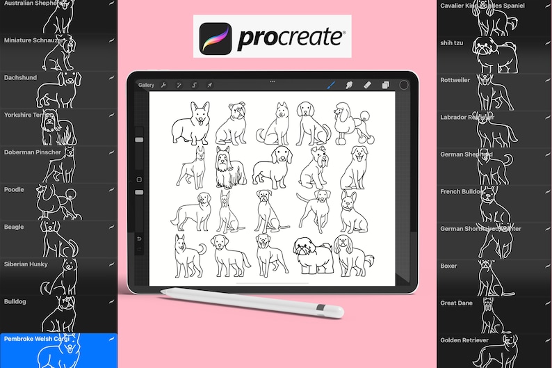 Cartoon Dogs Outlines Procreate Brush Stamps, 20 Dog Brushes Etsy