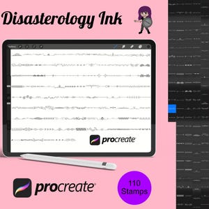 Puede incluir: Una ilustración digital de 110 sellos de tinta diferentes para usar en la aplicación Procreate. Los sellos se muestran en la pantalla de una tableta con el logotipo de Procreate en la esquina inferior derecha. Los sellos son una variedad de líneas, puntos y otras formas abstractas.