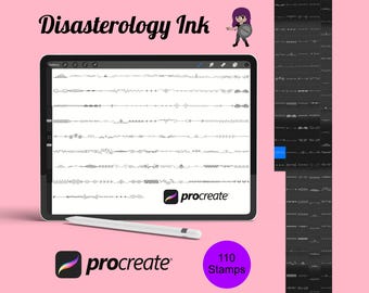 May include: A digital illustration of 110 different ink stamps for use in the Procreate app. The stamps are displayed on a tablet screen with the Procreate logo in the bottom right corner. The stamps are a variety of lines, dots, and other abstract shapes.