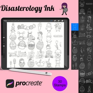 Può includere: Un'illustrazione digitale di 30 timbri a tema pasquale per l'app Procreate. I timbri presentano coniglietti, uova, fiori e altri disegni a tema primaverile.