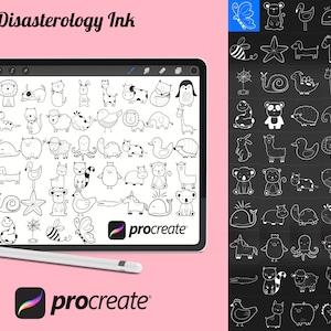 Cartoon Animal Outline Procreate Brush Stamps Set 8, 50 Animal Outlines