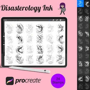 Pode incluir: Um conjunto de arte digital exibido num tablet, apresentando 24 carimbos de tinta com desenhos de carpas koi. Uma caneta branca está ao lado do tablet, com o logotipo Procreate. O título "Disasterology Ink" está no topo, com uma ilustração de personagem de desenho animado.