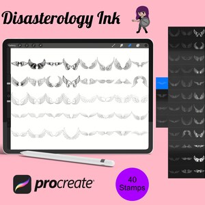 Könnte beinhalten: Eine digitale Illustration von 40 verschiedenen Flügeldesigns zur Verwendung als Stempel in der Procreate-App. Die Flügel sind in Schwarzweiß gehalten und in Reihen auf weißem Hintergrund angeordnet. Der Text "Disasterology Ink" und "40 Stamps" ist im Bild sichtbar.