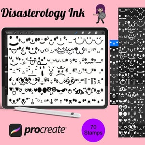 May include: A digital illustration of 70 black and white stamps featuring various facial expressions. The stamps are displayed on a tablet screen with the text "Disasterology Ink" and "procreate" on the screen. The text "70 Stamps" is displayed below the tablet.