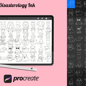 Cartoon Animal Outline Procreate Brush Stamps Set 9, 40 Animal Outlines