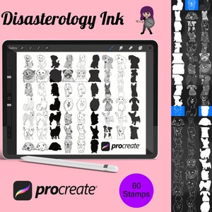 Cartoon Dogs, Outlines and Silhouettes Set 7 Procreate Brush Stamps, 60 Cartoon Dogs