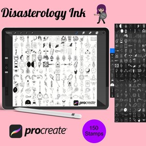 May include: A digital tablet displaying a collection of 150 black and white illustrations, labeled "Disasterology Ink" and "Procreate". The illustrations are a mix of mystical and occult symbols, including moons, stars, hands, eyes, and other abstract shapes.