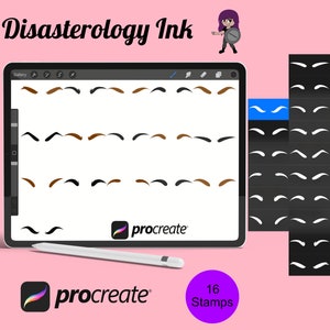 Könnte beinhalten: Eine digitale Illustration von 16 Augenbrauenstempeln für die Procreate-App. Die Stempel werden auf einem Tablet-Bildschirm angezeigt und in einem Rasterformat dargestellt. Die Stempel sind in Schwarzweiß und für die Verwendung in digitaler Kunst und Illustration konzipiert.