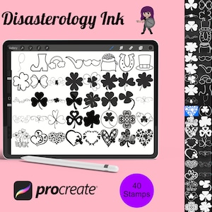 May include: A digital illustration of 40 Procreate stamps featuring various designs of shamrocks, hearts, and other St. Patrick's Day themed graphics. The text "Disasterology Ink" and "40 Stamps" is visible in the image.
