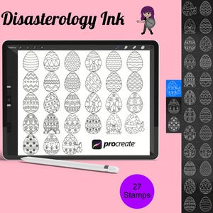 May include: A digital illustration of 27 black and white Easter egg stamps for use in the Procreate app. The stamps feature various patterns and designs, including polka dots, stripes, and floral motifs.