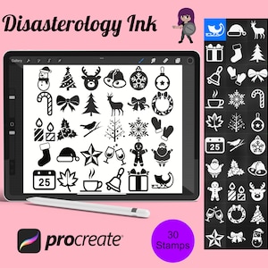 Zestaw stempli pędzlowych Procreate Christmas Winter Elements 2, 30 znaczków świątecznych