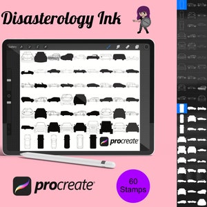 May include: A digital illustration of 60 car stamps for the Procreate app. The stamps are black and white outlines of various car models. The image includes the text "Disasterology Ink" and "Procreate".