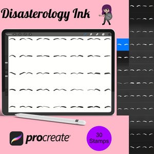 May include: A digital illustration of 30 different eyebrow shapes for use as Procreate stamps. The shapes are displayed on a white background in a grid format. The text "Disasterology Ink" and "30 Stamps" are also visible in the image.