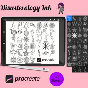 Zestaw stempli pędzlowych Procreate Christmas Winter Elements 8, 39 znaczków świątecznych