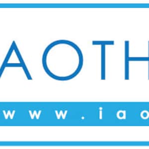 May include: A rectangular badge with a blue border featuring the text IAOTH Member and www.iaoth.com. On the left, a circular logo displays a globe, a golden winged caduceus, and a dark blue silhouette of a person in a seated meditation pose.
